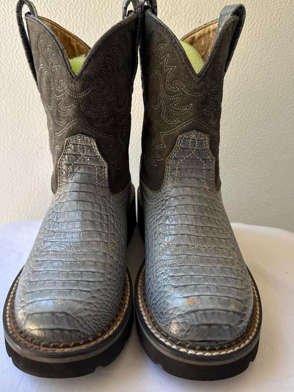 Ariat Women's Gray Leather & Dark Brown Suede Cowboy Booties